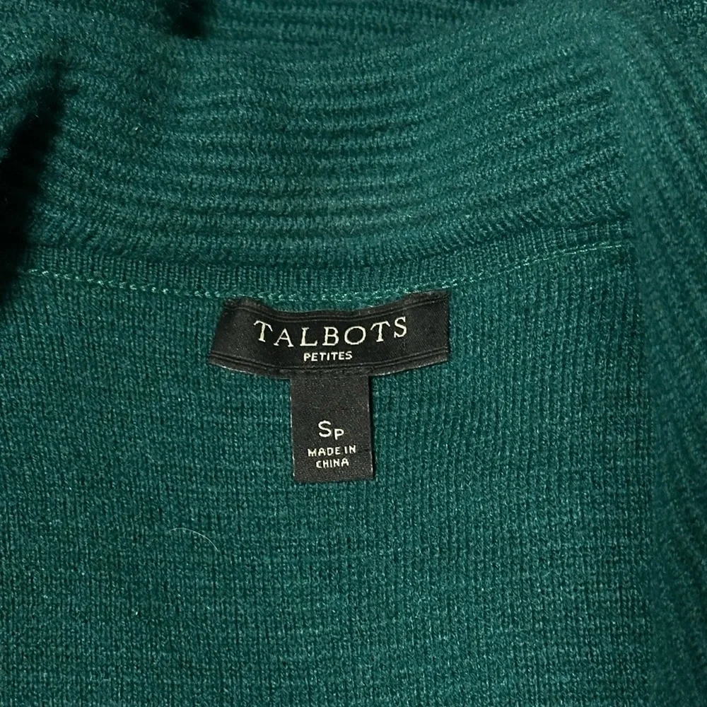 Talbots Merino Wool Blend Open Front Sweater Blazer Womens Petite S Green Pocket